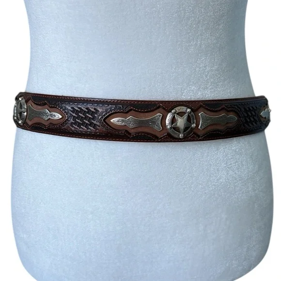 Justin Odessa Star Silver Texas Ranger Brown Leather Belt Vtg 1994 Size 36 - Picture 3 of 16